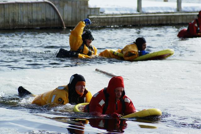 Emergency Personnel from throughout the north country receive surface ice rescue training hosted by Lifeguard Systems and the SLVFD,  January 2010